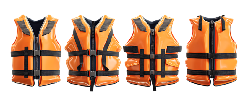 Pack Collection Orange Life Jackets Safety Gear for Boating Sailing and Water Sports set against transparent background