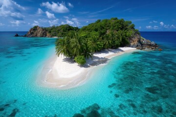 Fototapeta premium Tropical island with clear blue water and lush greenery under a bright sky