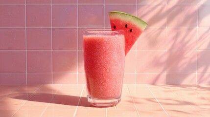Refreshing Watermelon Smoothie in a Glass on Pink Tiles Summer Vibes Healthy Drink