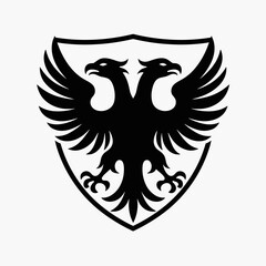Obraz premium Heraldic Two-Headed Eagle Emblem on Shield, Black and White Vector Illustration for Logo Design