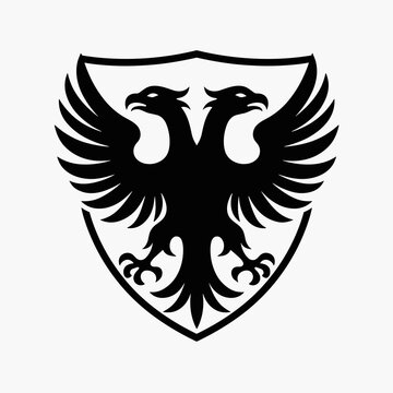 Heraldic Two-Headed Eagle Emblem on Shield, Black and White Vector Illustration for Logo Design