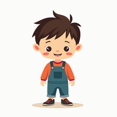 Happy Cartoon Boy Standing Wearing Overalls and an Orange Shirt, Cheerful and Smiling Illustration