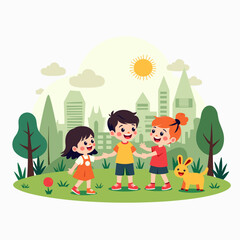 Fototapeta premium Cartoon Illustration of Three Children Playing Together in a Park with City Skyline Background