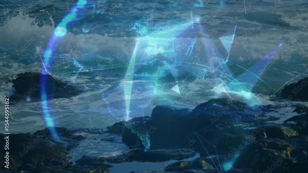 Poster waves crashing sending blue polygons forming rotating globe visualizing network over coast