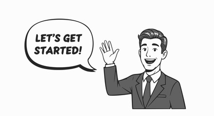 A cheerful character waving says, 