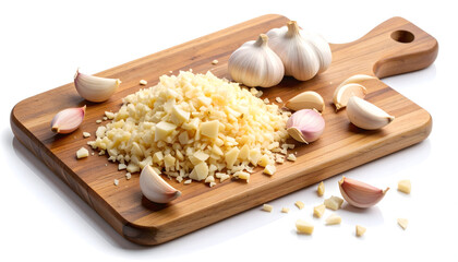 Minced and sliced garlic cloves scattered on a wooden cutting board with whole cloves nearby.