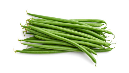 A bundle of long, slender green beans with a bright green color, isolated on white.
