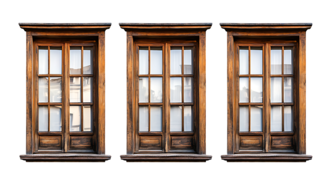 Pack Collection Rustic Wooden Windows Triptych of Vintage Architectural Details set against transparent background