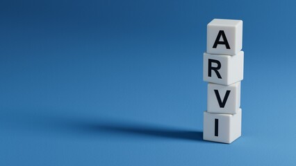 wooden elements with the word arvi. Care concept.close up of wooden elements,Business Concept.3D rendering on blue background.
