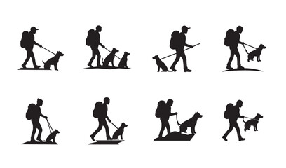 Silhouette illustrations of a hiker walking with their dog on a leash in various poses