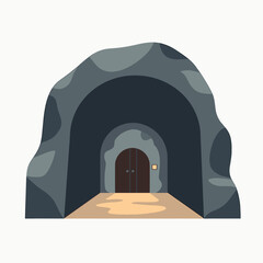Fototapeta premium Cartoon Illustration of a Dark Mine Entrance with Wooden Doors and Stone Surroundings, Vector Graphic