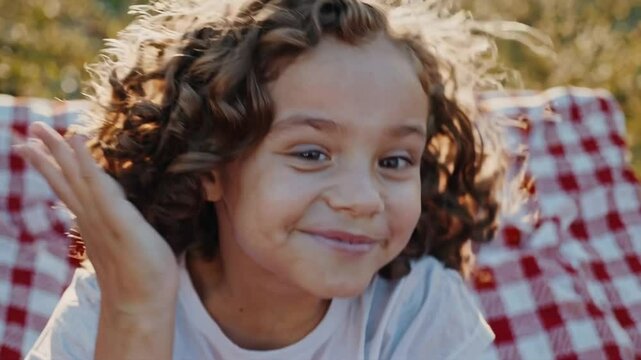 Joyful young caucasian child playing outdoors on a sunny day.