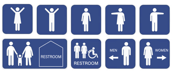 Set of restroom signs. Toilet signs. Men, women and cripple WC icon stickers. Male and Female toilet symbols.