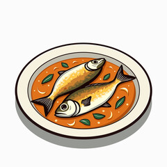 Illustration of Two Fish in a Broth on a Plate, Seafood Dish with Herbs and Spices