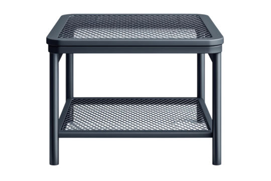 A modern metal side table ready to complement outdoor relaxation featuring a mesh design on transparent background