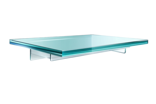 A modern glass shelf reflecting light with understated elegance floating amidst a sea of on transparent background