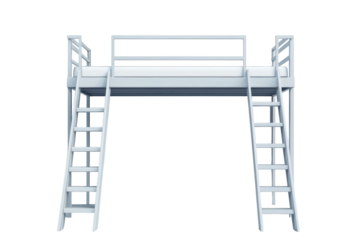 A minimalist white loft bed frame with symmetrical ladders offering a modern space saving on transparent background