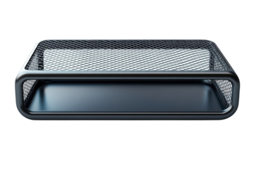 A minimalist metal mesh basket perfect for organizing essentials with sleek reflective dark on transparent background