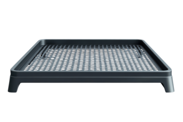 A minimalist grey plastic tray with a grid pattern for kitchen use designed for draining on transparent background