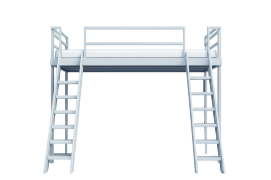 A minimalist white loft bed frame with symmetrical ladders offering a modern space saving on transparent background