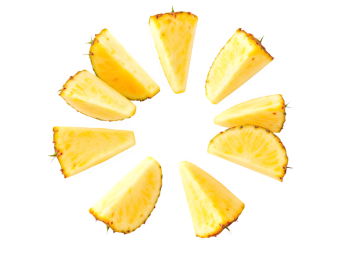 Slices of fresh pineapple arranged isolated on transparent background