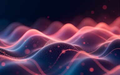 Glowing, abstract circular waves of particles form a futuristic, 3D-rendered technology backdrop.  Dynamic, mesh curves flow like sound waves. High quality