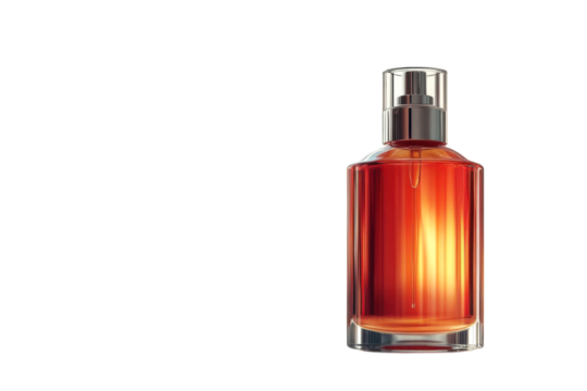 A luminous amber perfume evoking warm sunsets and cherished memories encased in sleek clear on transparent background