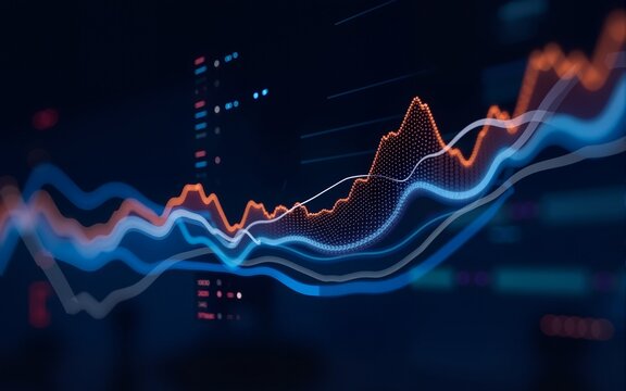Abstract digital graph with blue and orange lines over a dark background, representing data and analysis. Futuristic and dynamic visual. High quality