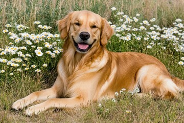 Obraz premium Golden Retriever Relaxing in a Sunny Field Surrounded by White Daisies