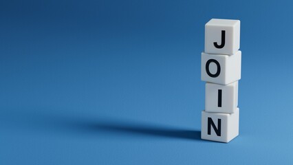 wooden elements with JOIN business word.close up of wooden elements,Business Concept.3D rendering on blue background.