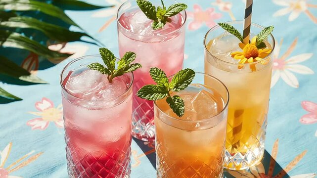 Refreshing cocktails with ice and mint garnish on a floral tablecloth