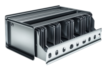 A gleaming metal organizer for storing documents and keeping a clutter free desk with on transparent background