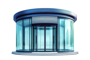A futuristic glass revolving door symbolizes modern architecture and seamless transition on transparent background