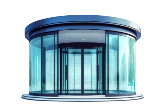 A futuristic glass revolving door symbolizes modern architecture and seamless transition on transparent background
