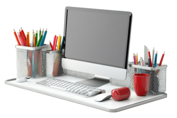 A clean workspace beckons creativity with colorful pencils and a modern computer setup for on transparent background