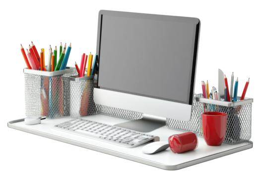A clean workspace beckons creativity with colorful pencils and a modern computer setup for on transparent background - Powered by Adobe