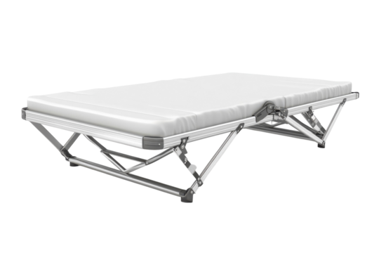 A clean foldable metal cot awaits weary travelers promising simple comforts for unexpected on transparent background