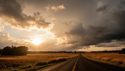 Serene Sunset Over Open Road Surrounded by Fields and Dramatic Cloudy Sky Landscape