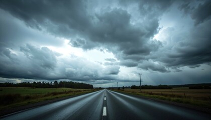 Dark and Moody Sky Over Empty Road in Rural Landscape with Reflective Pavement