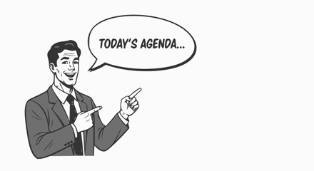 Officeman pointing to a blank space says, 