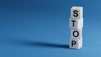 STOP.3D illustration of wooden elements.close up of wooden elements,3D rendering on blue background.