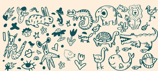 Hand-Drawn Animal and Nature Doodle Set