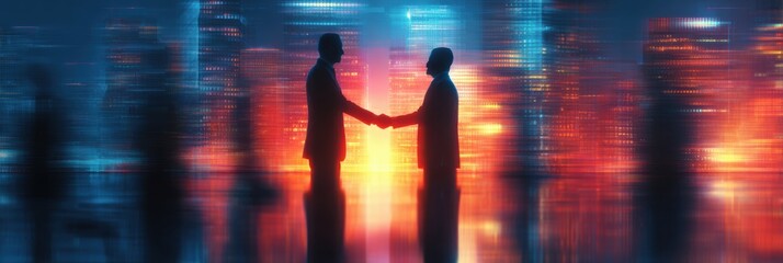 Business People Shake Hands Over Glowing Deal Board in Vibrant City Skyline at Dusk