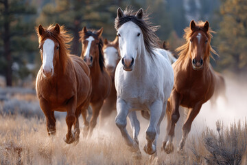 Obraz premium Wild horses gallop through a sunlit meadow in a picturesque landscape during golden hour