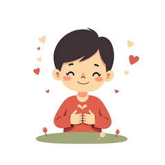 Fototapeta premium Happy Young Boy Expressing Love with Heart Hands Gesture in a Cartoon Style Illustration