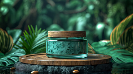 Nature meets luxury. Organic skincare jar with wooden lid displayed on a stone slab surrounded by lush foliage. Ideal for eco-friendly or botanical product branding.