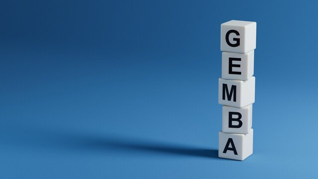 Word gemba. Wooden small wooden elements with letters with copy space available.close up of wooden elements,Business Concept.3D rendering on blue background.