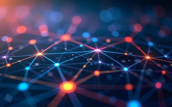 A vibrant network diagram showcasing interconnected nodes in various colors, representing data flow or collaborative processes in technology. High quality