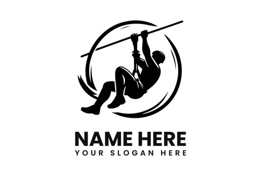 Silhouette of a person ziplining through the air, inside a circular design.