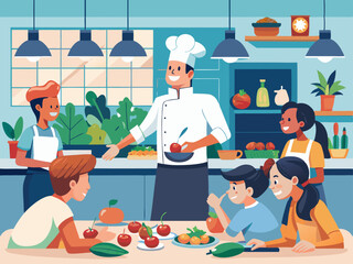 Delightful Cooking Class Scene Chef Teaches Kids Fun Fruit Recipes Kitchen Illustration